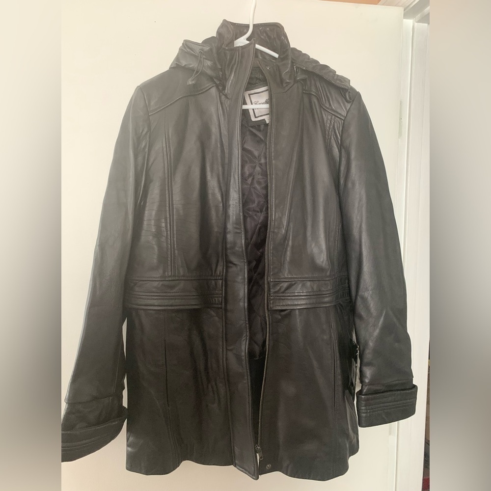 Classic Black Leather Hooded Jacket - Unbranded